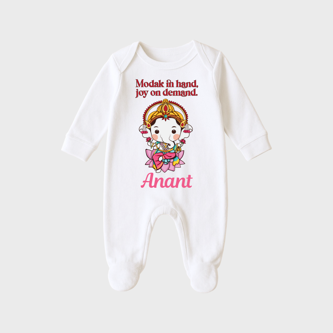 Ganesha Romper-03 Joy Ganesha – Personalized Full Sleeve Sleep Suit / Body Suit – Perfect for Ganesh Chaturthi Celebrations - Image 1
