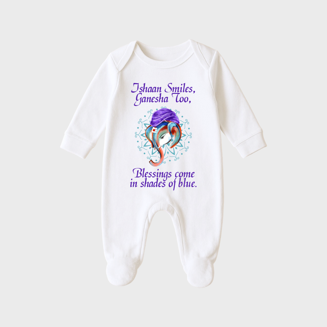 Ganesha Romper-04 Baby Smiles and Ganesha too – Personalized Full Sleeve Sleep Suit / Body Suit – Perfect for Ganesh Chaturthi Celebrations - Image 1